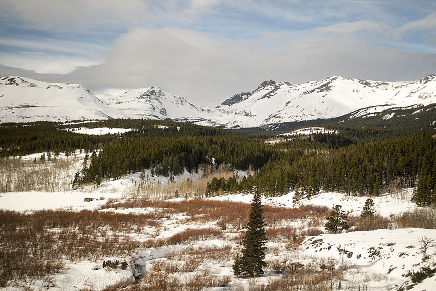 Snowy mountain landscape with evergreen forest and winter sky