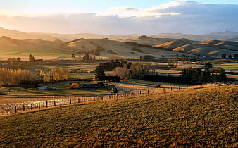 Golden Sunrise Over Rolling Hills and Rural Pasture Landscape