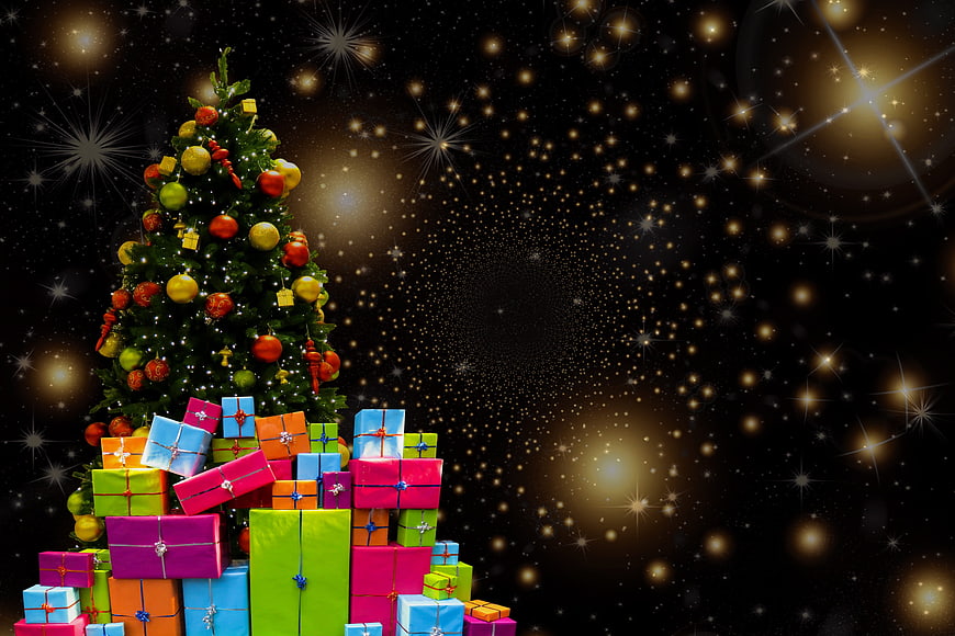 Colorful Christmas Tree with Gifts and Sparkling Background