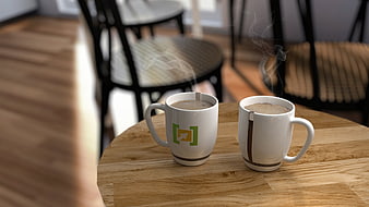 Two Steaming Coffee Mugs on Wooden Table in Office