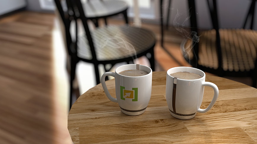 Two Steaming Coffee Mugs on Wooden Table in Office