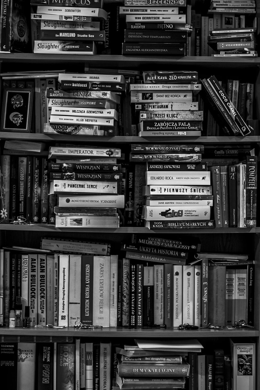 Black and White Bookshelf with Polish Books