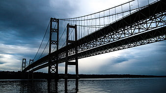 Dramatic Low Angle View of Double-Decker Suspension Bridge Over Water