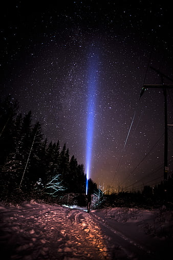 Man with Flashlight Beam in Snowy Night Forest