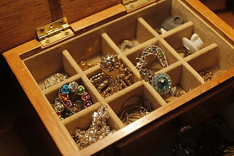Vintage Jewelry Collection In Wooden Box