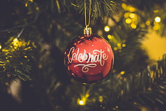Red Christmas Bauble with Celebrate Text on Pine Tree