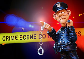 Police Officer Figurine Holding Handcuffs Against Crime Scene Tape Background