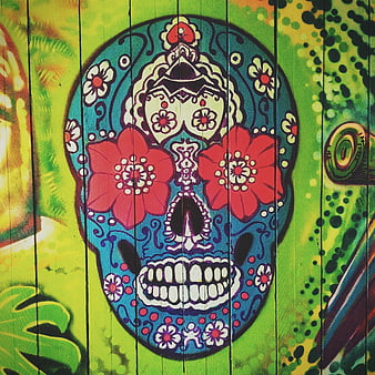 Colorful Sugar Skull Street Art on Wooden Planks