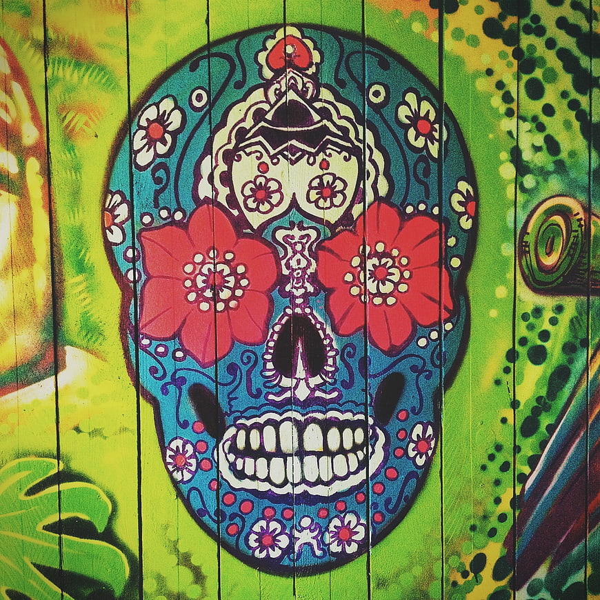 Colorful Sugar Skull Street Art on Wooden Planks