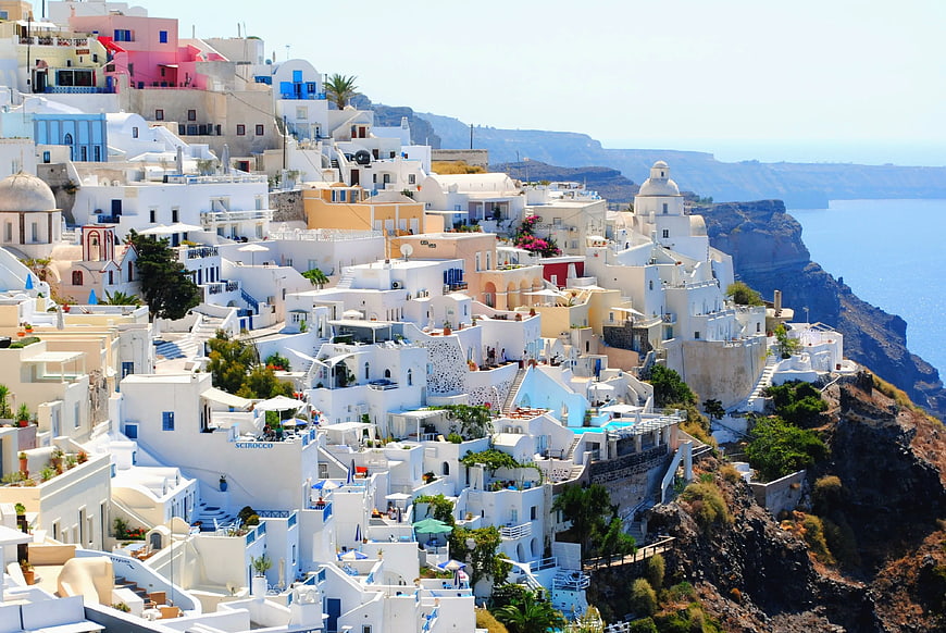 Santorini Greece White Buildings Blue Sea Cliffside