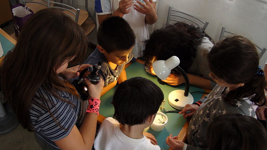 Children using microscope in science class