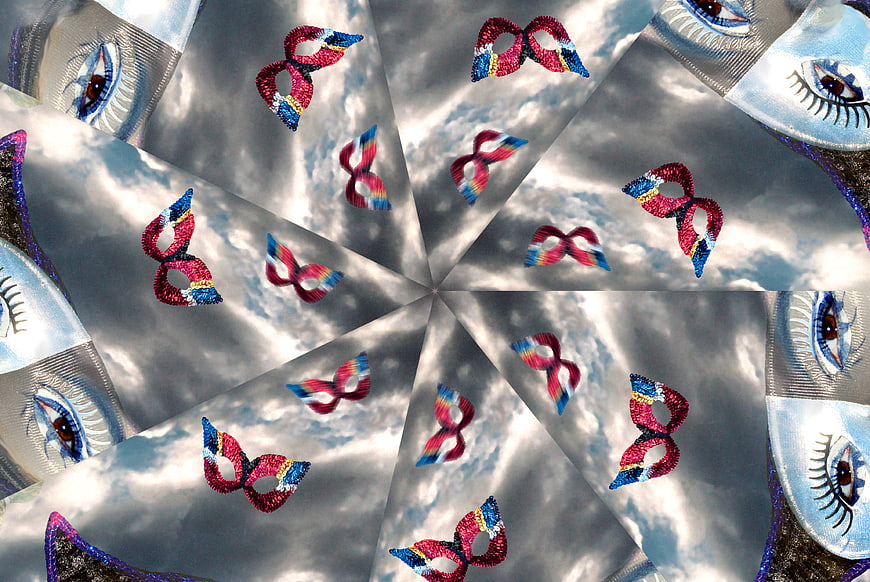 Kaleidoscope pattern of carnival masks and eyes on clouds