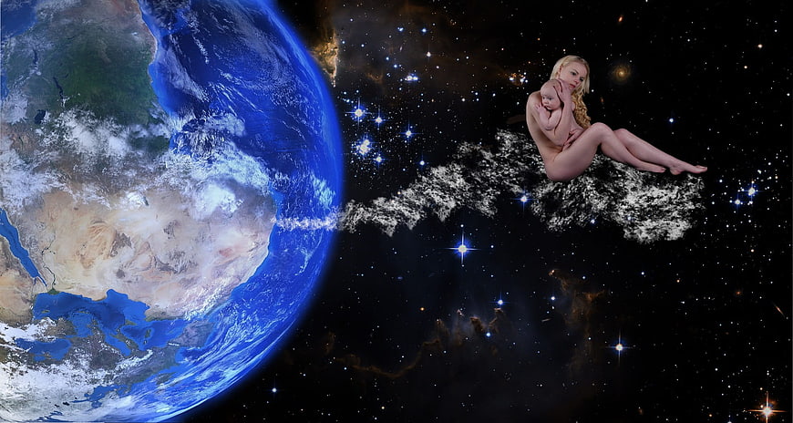 Naked woman holding baby floating in space near Earth