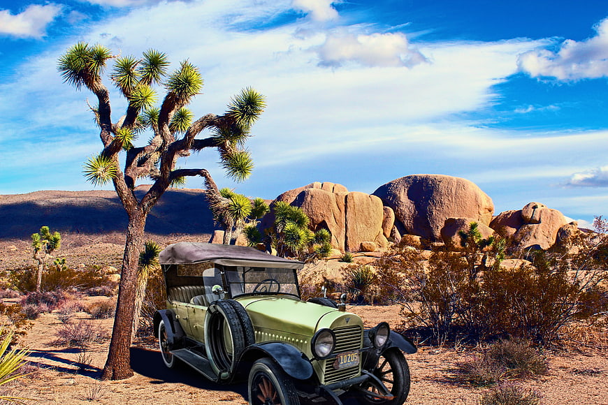 Vintage 1921 Hudson Phaeton in Desert Landscape with Joshua Tree