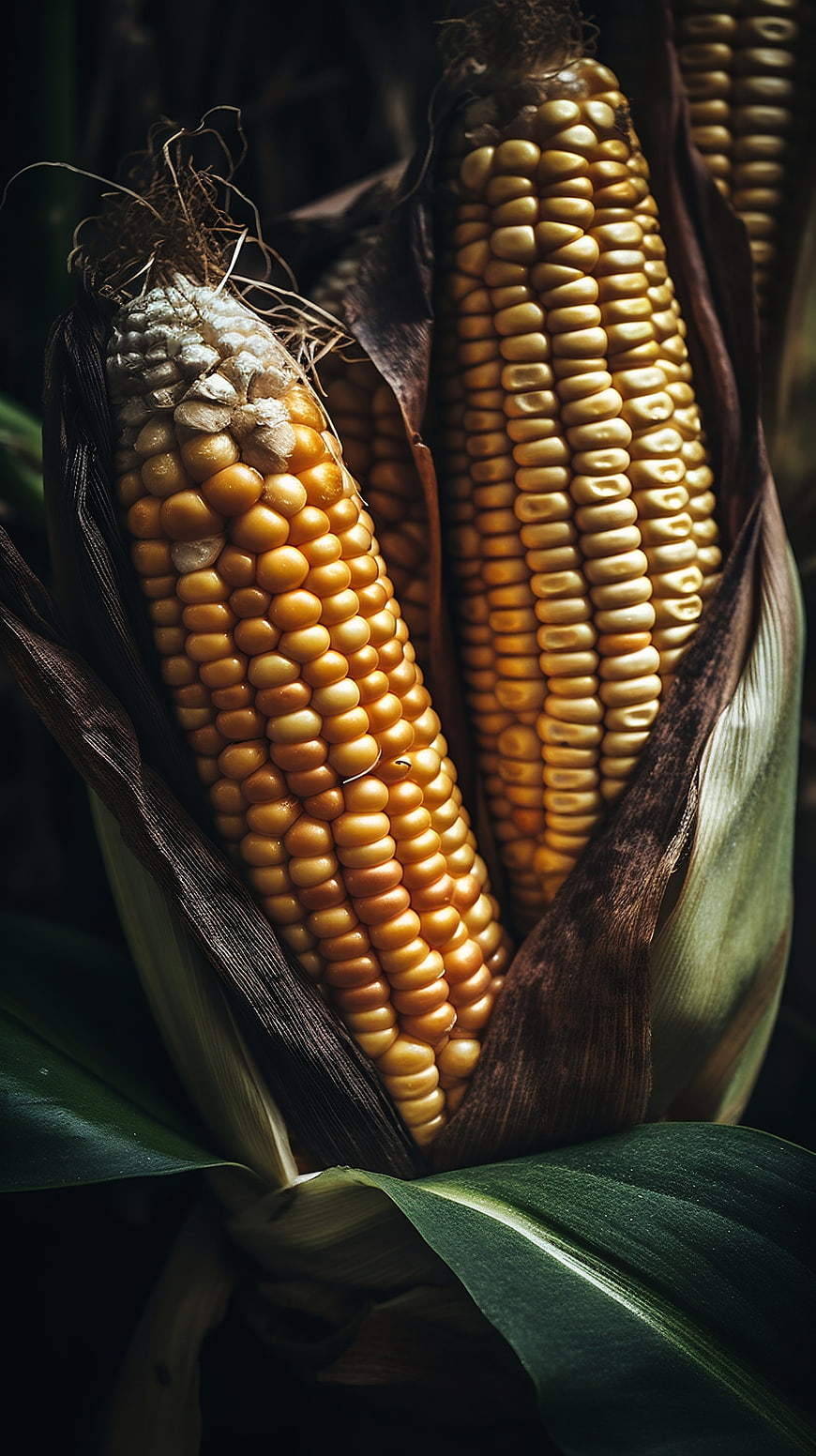 Close-up of ripe golden corn cobs on the stalk