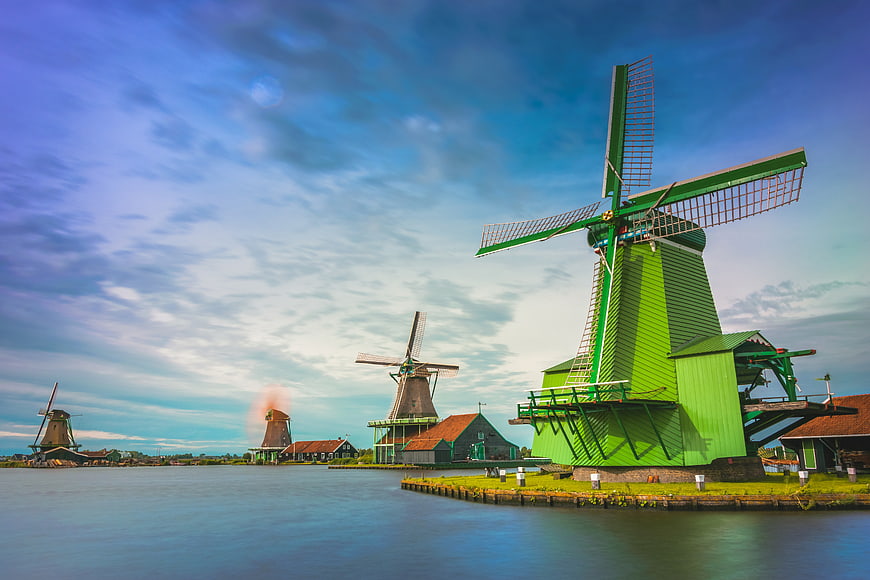 Traditional Dutch Windmills by the Water in Zaanse Schans