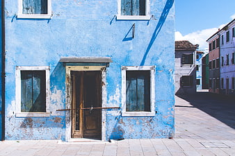 Colorful Blue Building Facade in Burano Italy