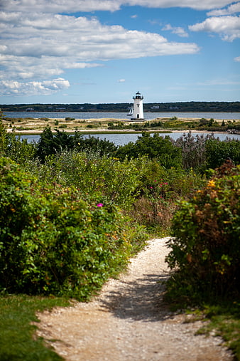 Scenic coastal path leading to white lighthouse on sunny day