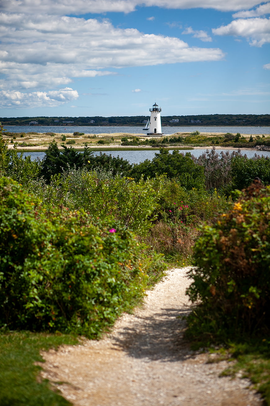 Scenic coastal path leading to white lighthouse on sunny day