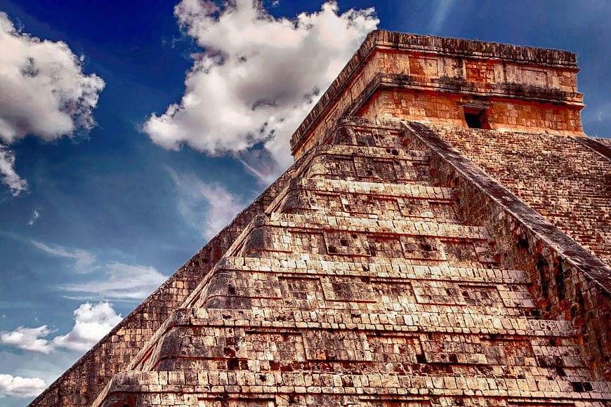 Low-Angle View of Ancient Mayan Pyramid Temple in Mexico