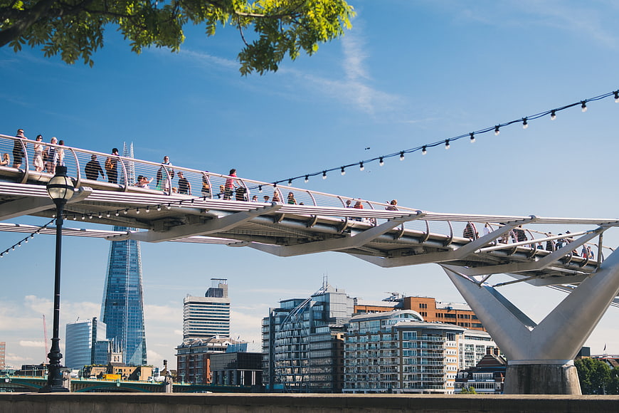 Millennium Bridge London Skyline with The Shard