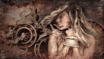 Surreal Steampunk Woman Portrait with Rusty Gears and Rope