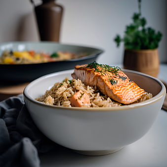 Grilled salmon fillet with rice in a white bowl