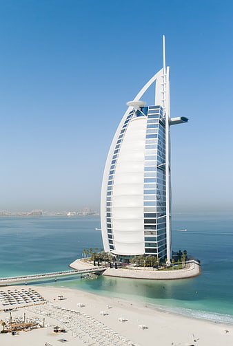 Aerial view of Burj Al Arab hotel in Dubai on sunny day