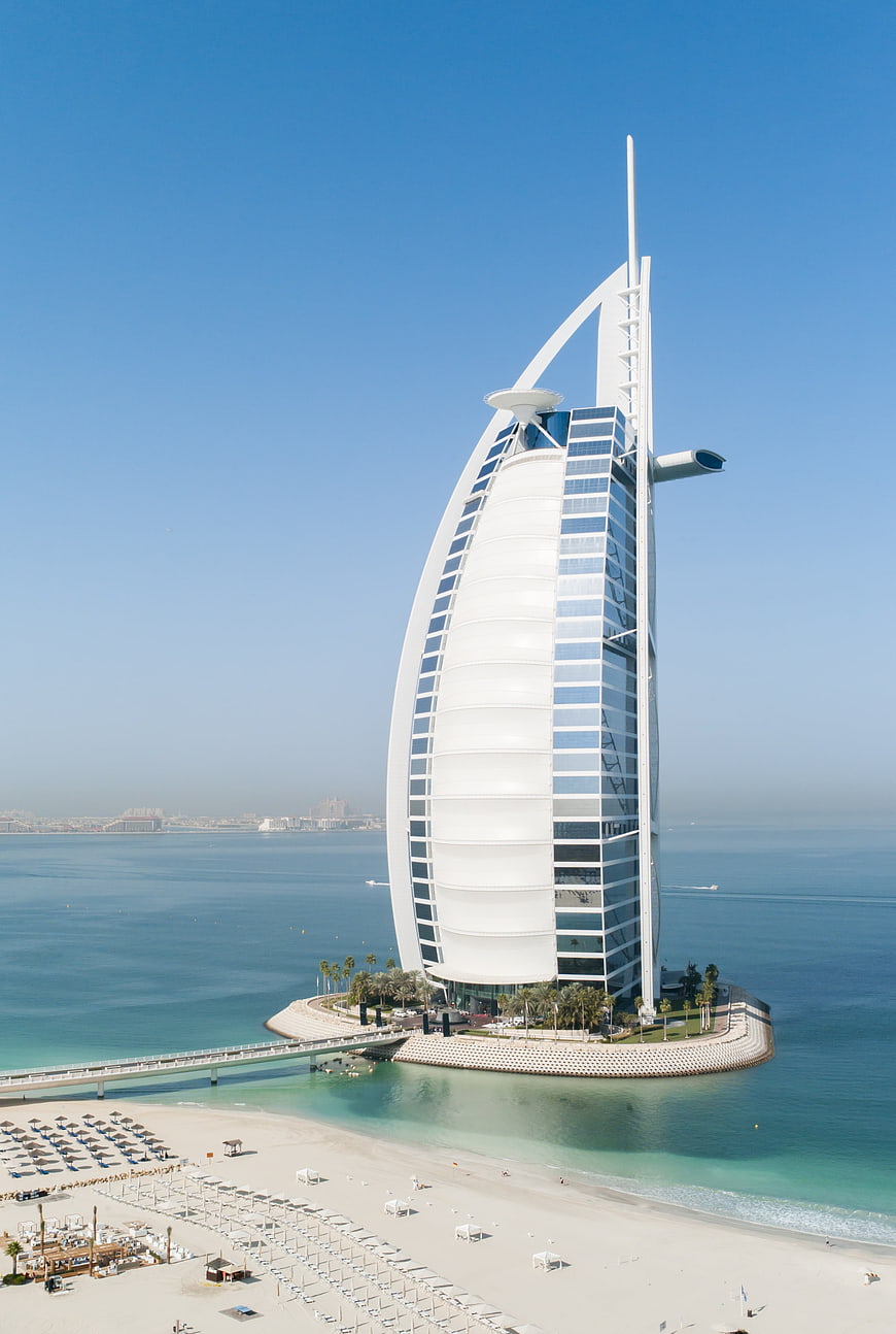Aerial view of Burj Al Arab hotel in Dubai on sunny day