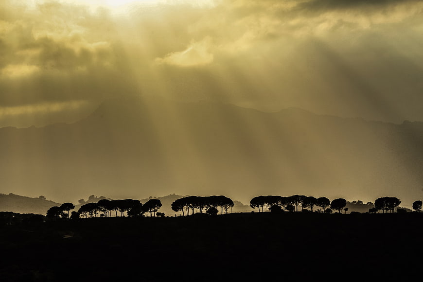 Dramatic sun rays illuminating silhouetted trees and mountains
