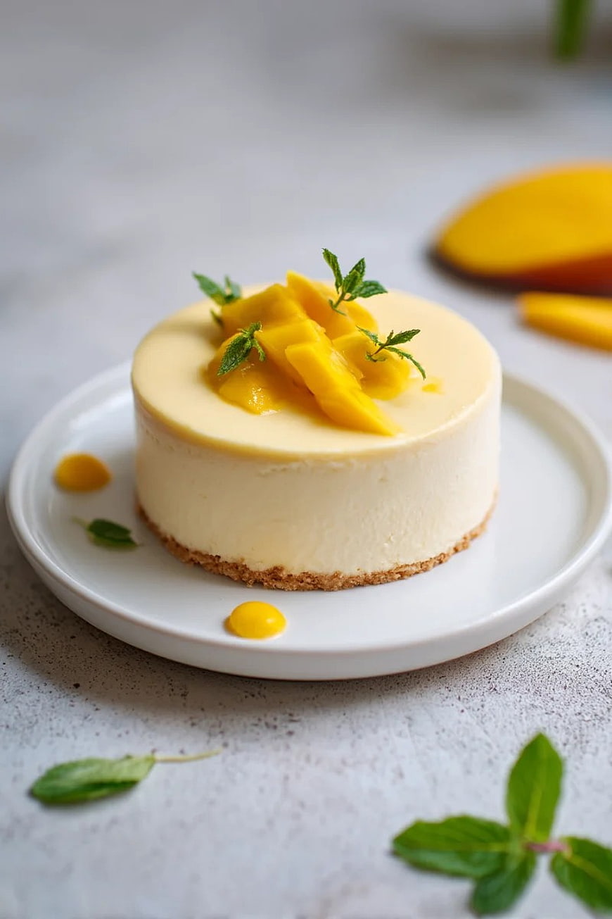 Creamy Mango Cheesecake with Fresh Mint Garnish