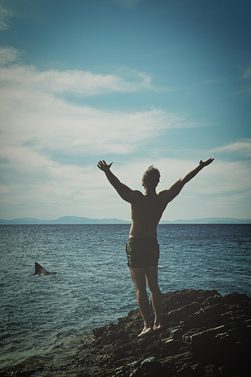 Man standing on rocks with arms raised near shark fin in ocean