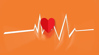 Red Paper Heart on Orange Background with ECG Pulse Line