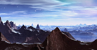Fantasy alien mountain landscape with blue sky and snow