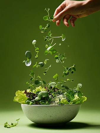 Hand Sprinkling Fresh Microgreens into a Salad Bowl