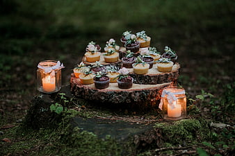 Rustic Cupcake Stand with Candles in Forest