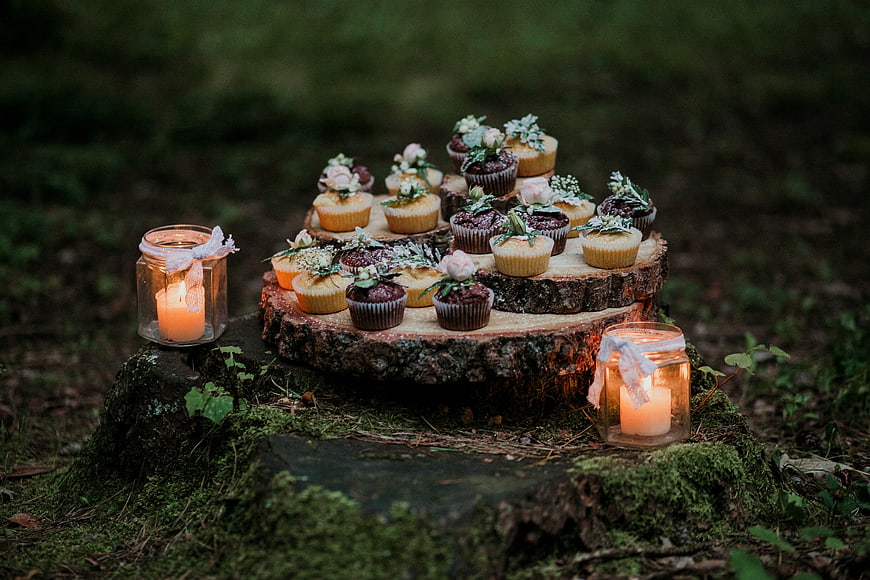 Rustic Cupcake Stand with Candles in Forest