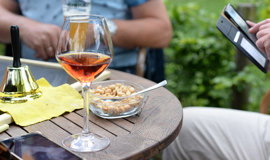 Glass of rosé wine and peanuts on outdoor wooden table