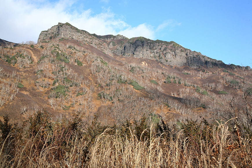 Rugged mountain ridge with bare trees and blue sky