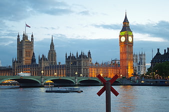 Big Ben and Houses of Parliament at Dusk with Red Cross Marker
