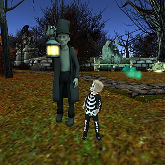 3D Render of Child in Skeleton Costume with Ghost in Cemetery