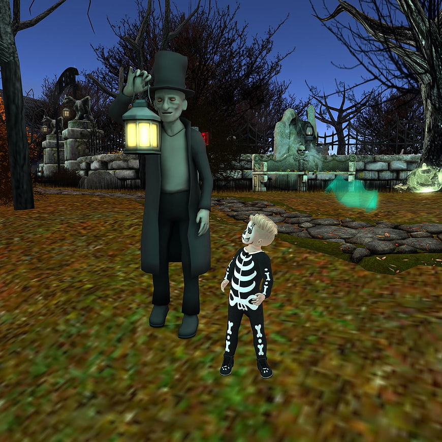 3D Render of Child in Skeleton Costume with Ghost in Cemetery
