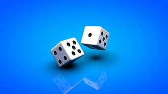Two white dice rolling on a blue background