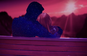 Couple embracing on bench at sunset with starry sky double exposure