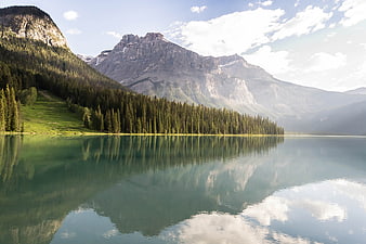 Serene Mountain Lake with Forest Reflections and Rocky Peaks