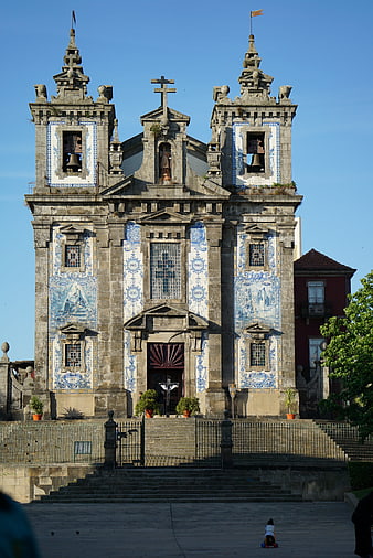 Historic Church Facade With Blue Azulejo Tiles In Porto, Portugal