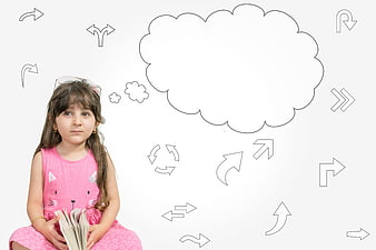 Young girl with book and thought bubble concept