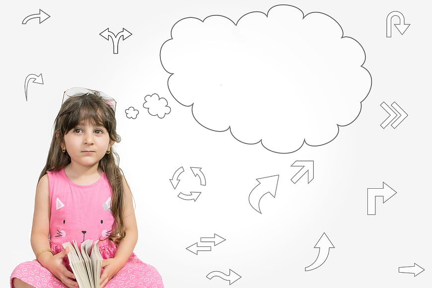 Young girl with book and thought bubble concept