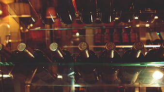 Rows of wine bottles in a dimly lit cellar