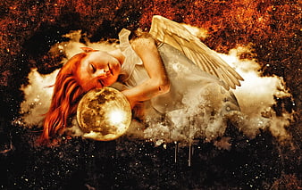 Fantasy girl with wings sleeping on a glowing moon